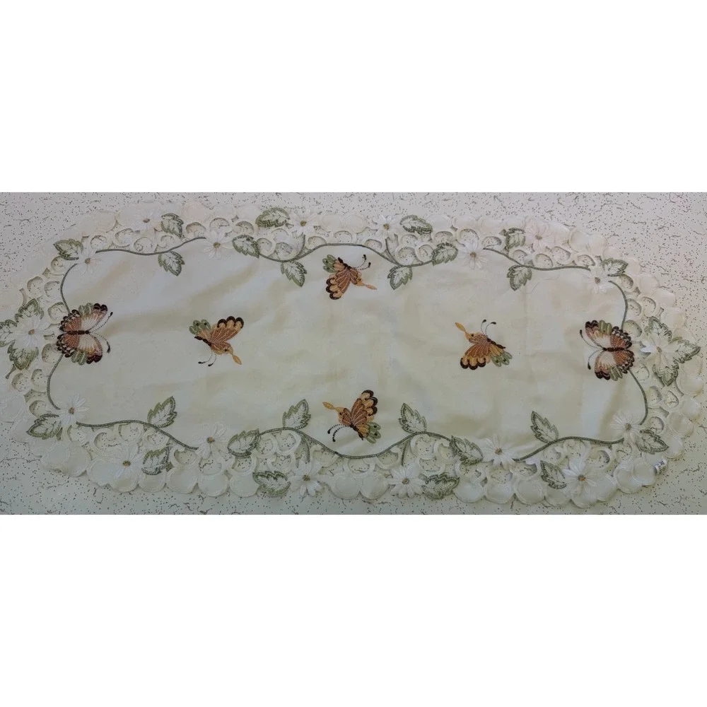 Vtg Embroidered White Table Runner Flowers Butterflies Orange Green‎